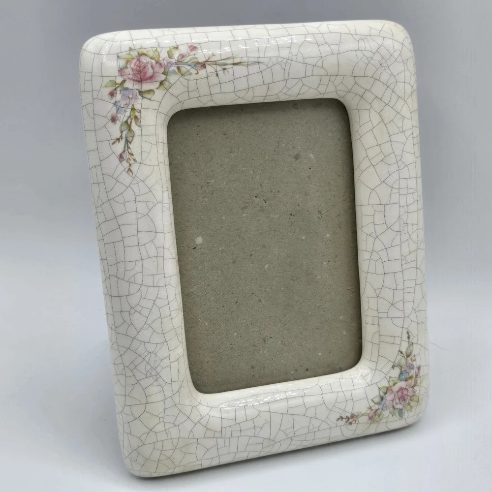 Vintage Ceramic Photo Frame Picture Ivory Floral Shabby Chic 3 1/2 X 5 Crackle